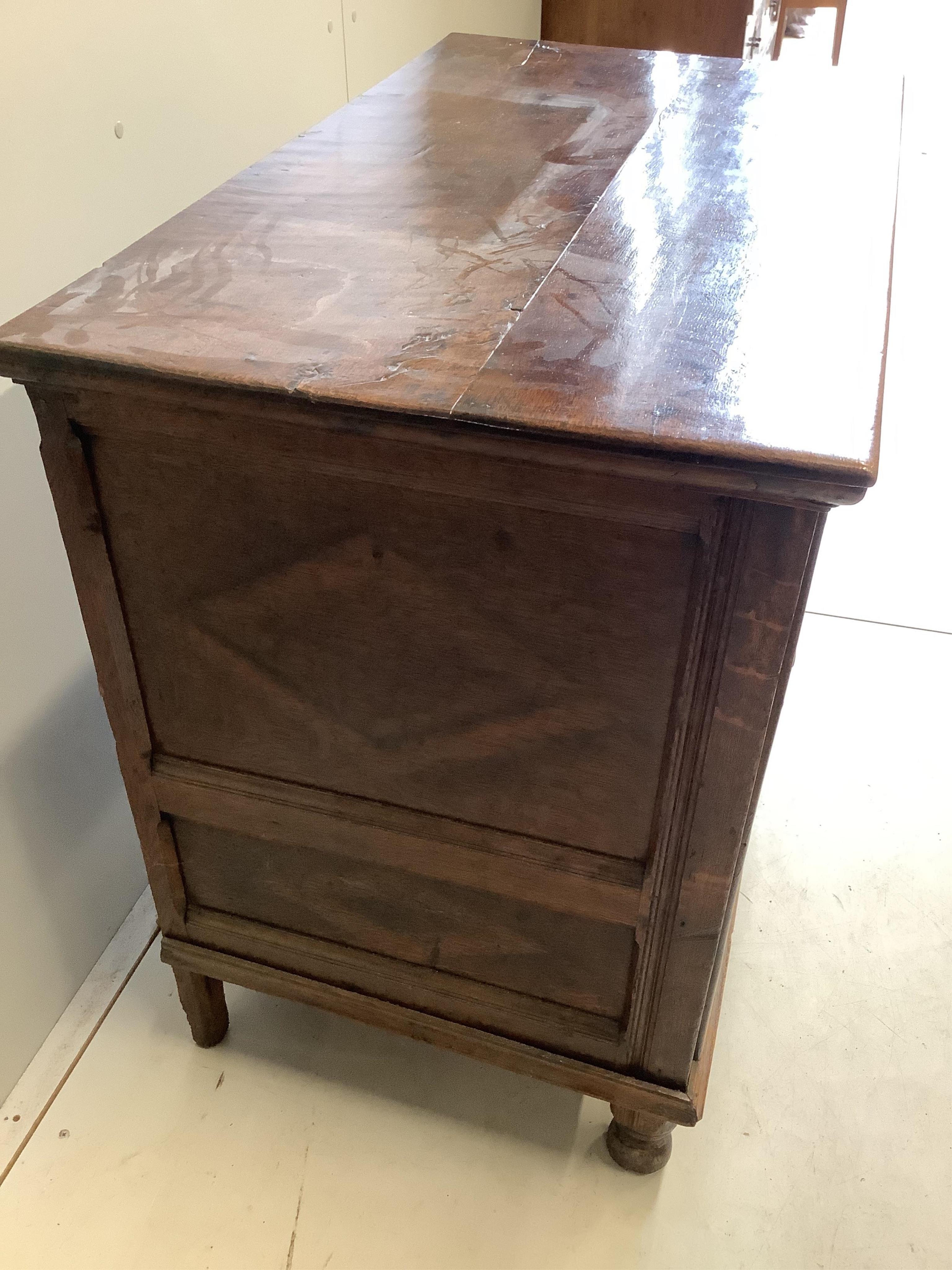 A late 18th century oak chest, fitted with two short and three long drawers, width 102cm, depth 58cm, height 88cm. Condition - fair